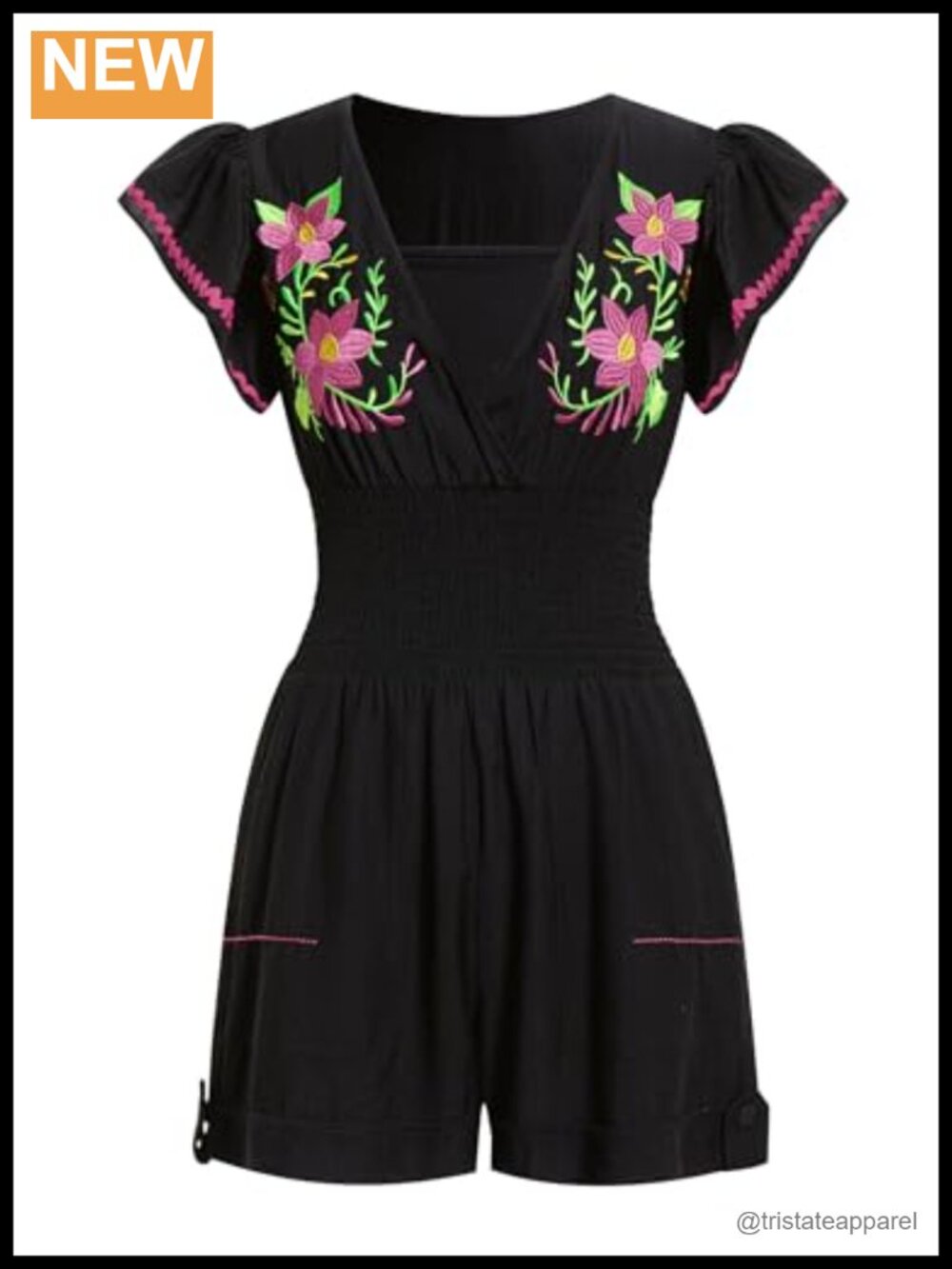 Mexican Embroidered V Neck Short Romper Ruffle Sleeve Casual Fiesta Jumpsuit